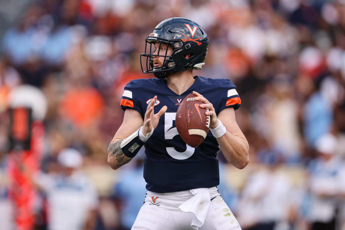 Virginia quarterback Brennan Armstrong dropping back to pass the football.